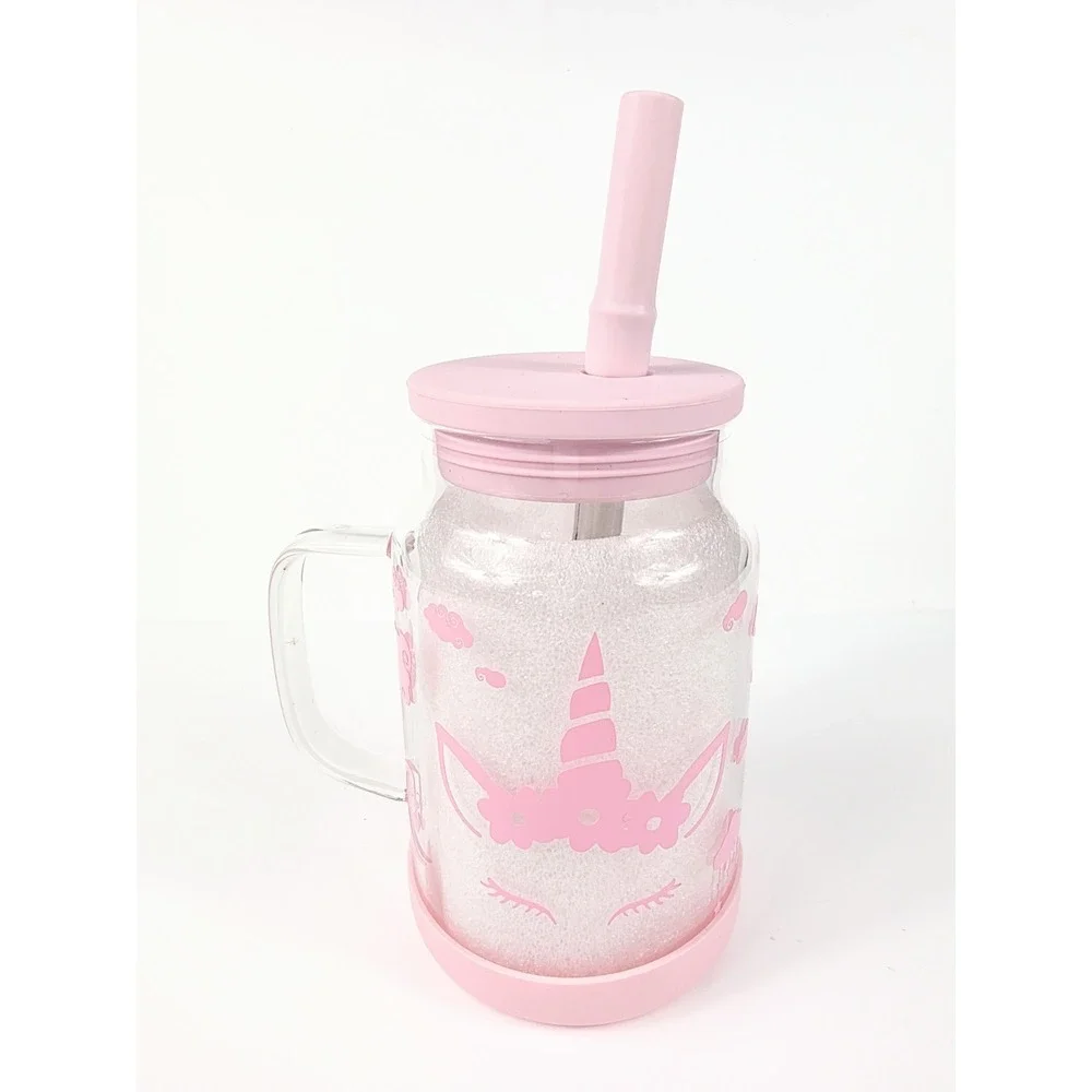 22 oz BPA Free Glass Tumbler w/ Handle Pink Accents Unicorn & Cloud Vinyl Design